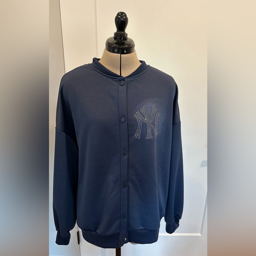 NY Yankees Navy Blue Button-Up Jacket with Rhinestone Logo